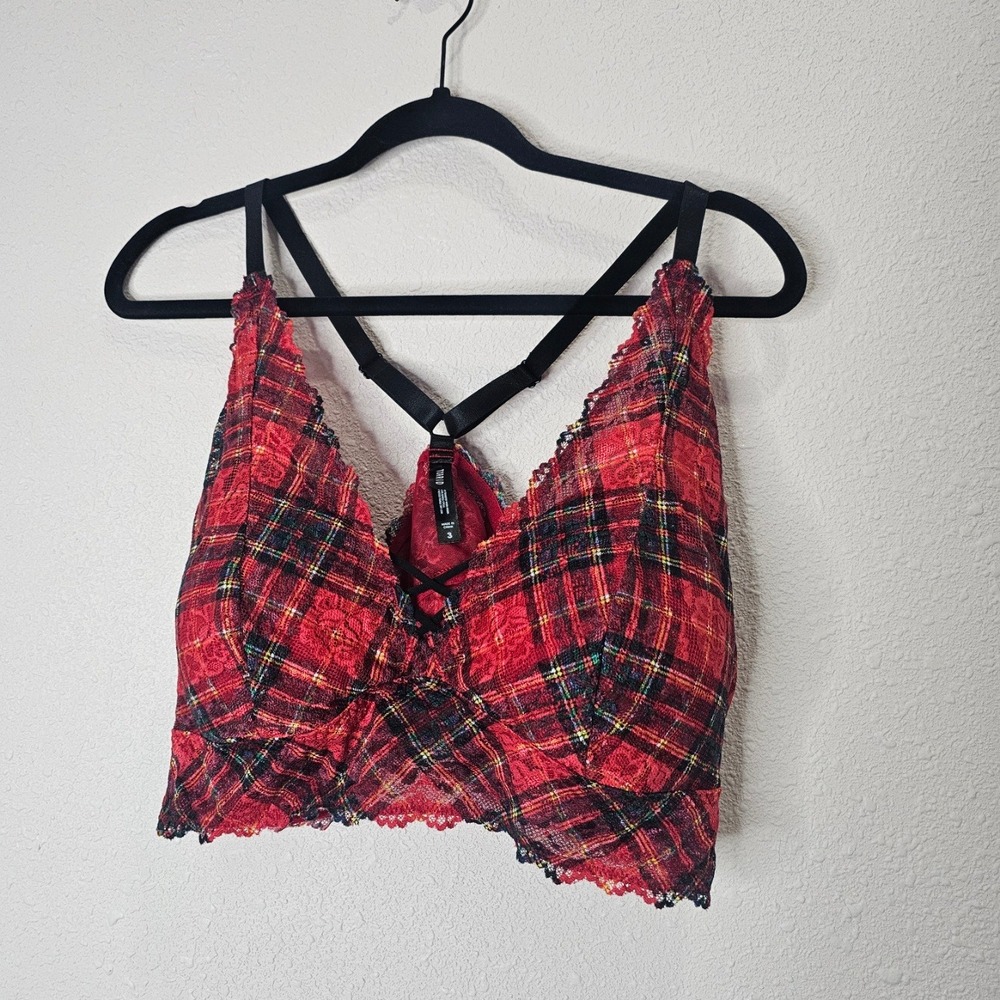 Torrid Curve Lace‎ Bralette Size 3 Red Black Plaid Bra V-Neck Pull On Stretch
